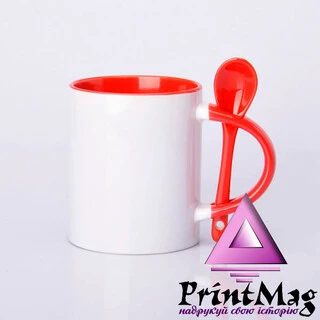 ЧАШКА СУБЛІМАЦІЙНА КОЛЬОРОВА ВСЕРЕДИНІ З ЛОЖКОЮ ЧЕРВОНА